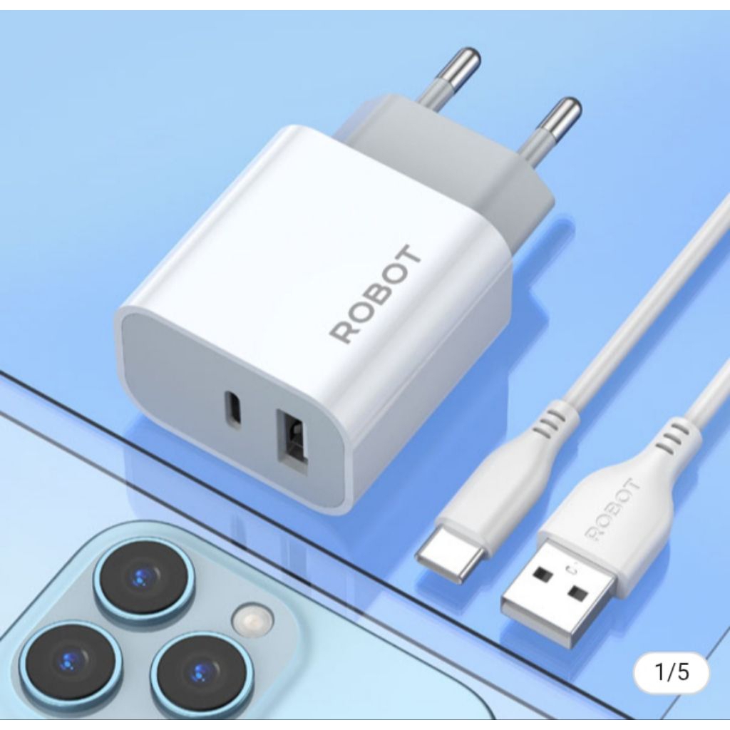 Robot Charger Fast Charging Dual Port 12W With Type C Cable 2.4A Adaptor Kepala Charger Adaptor Kepa