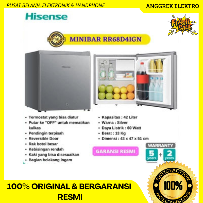 Kulkas minibar Mini Kecil 1 pintu freezer Hisense tipe RR68D41GN GARANSI RESMI