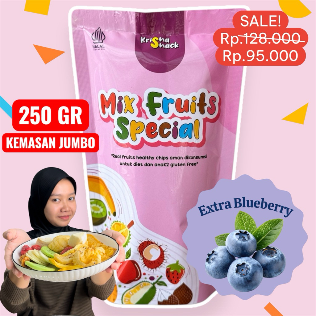 

MIX FRUITS SPECIAL SUPER JUMBO 250 GR EXTRA BLUEBERRY (KERIPIK BUAH CAMPUR ISIAN LENGKAP)