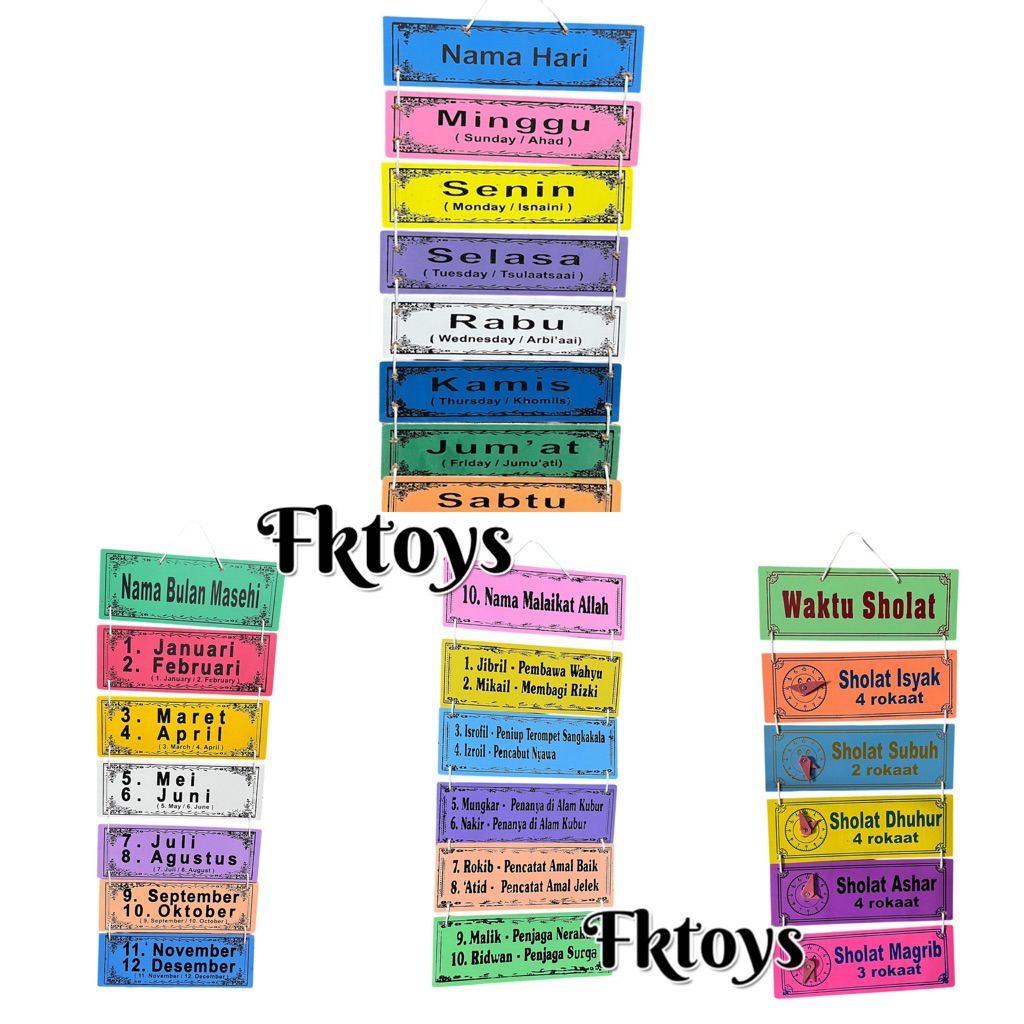 Nama Hari,Malaikat,rosul,waktu sholat Hiasan dinding Peraga Tk paud