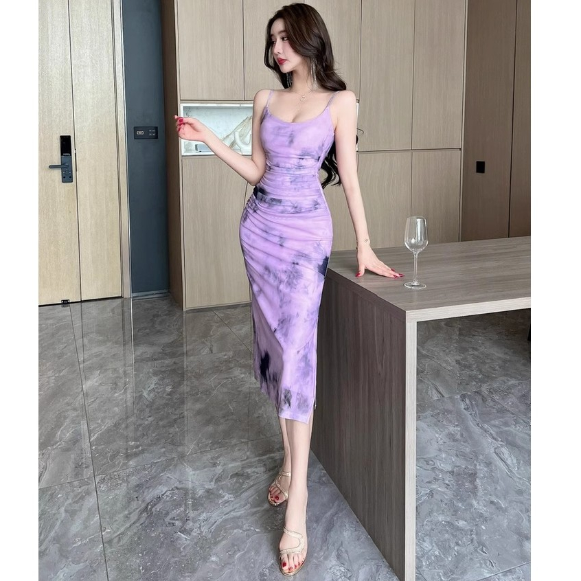 baju purple backless dress pantai bunga bunga Korean style fairy dress sexy midi floral Off Shoulder