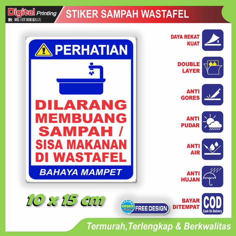 

Stiker tulisan dilarang membuang sampah wastafel tempat cuci sticker kebersihan anti mampet
