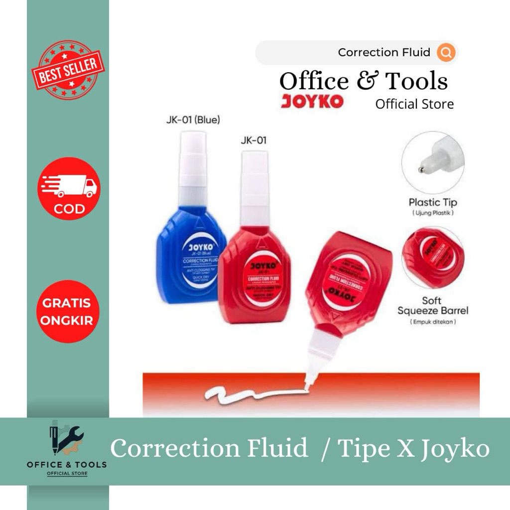 

Tipe X Joyko JK-01 Correction Fluid Ujung Plastik Cairan Koreksi Empuk Ditekan Anti Mampet Office & Tools
