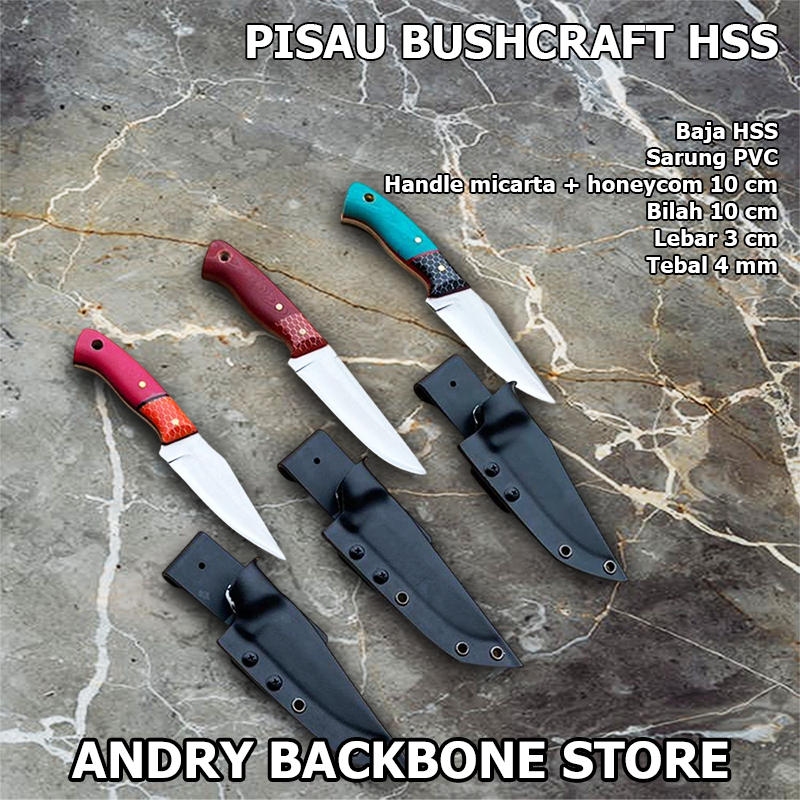 Pisau Outdoor Bushcraft Hiking Handle Micarta + Sarung PVC Baja HSS 10cm