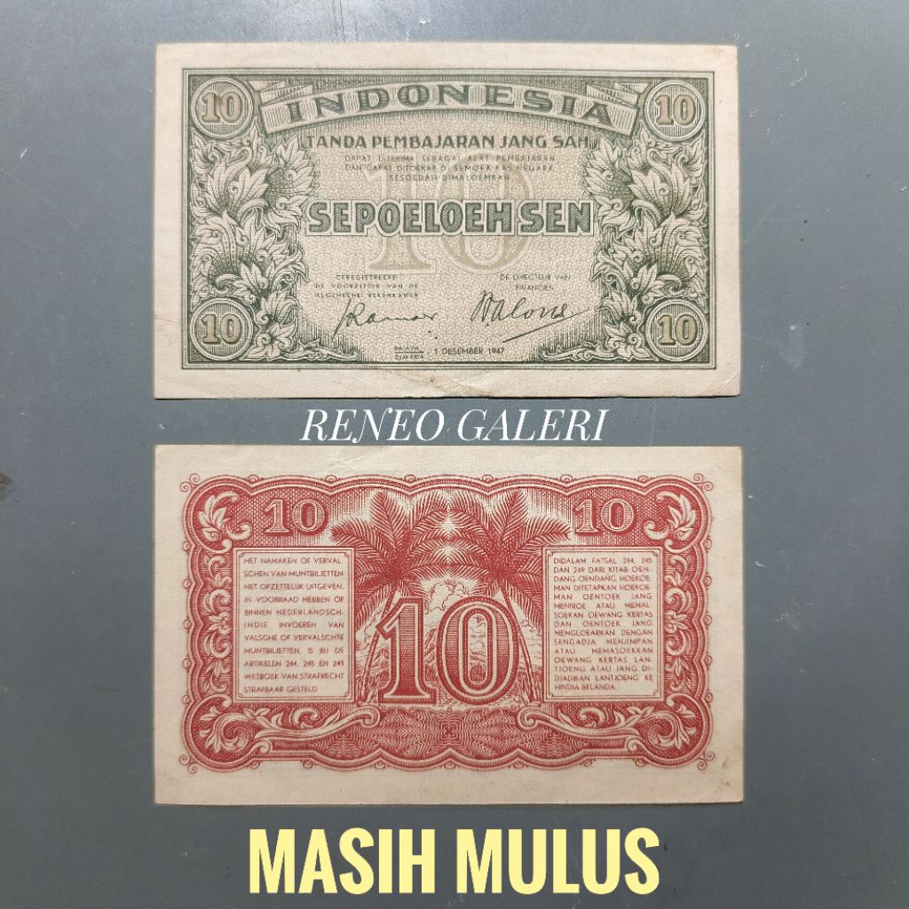 Mulus asli 10 Sen Seri Federal Tahun 1947 Uang kertas kuno duit jadul lawas lama original antik