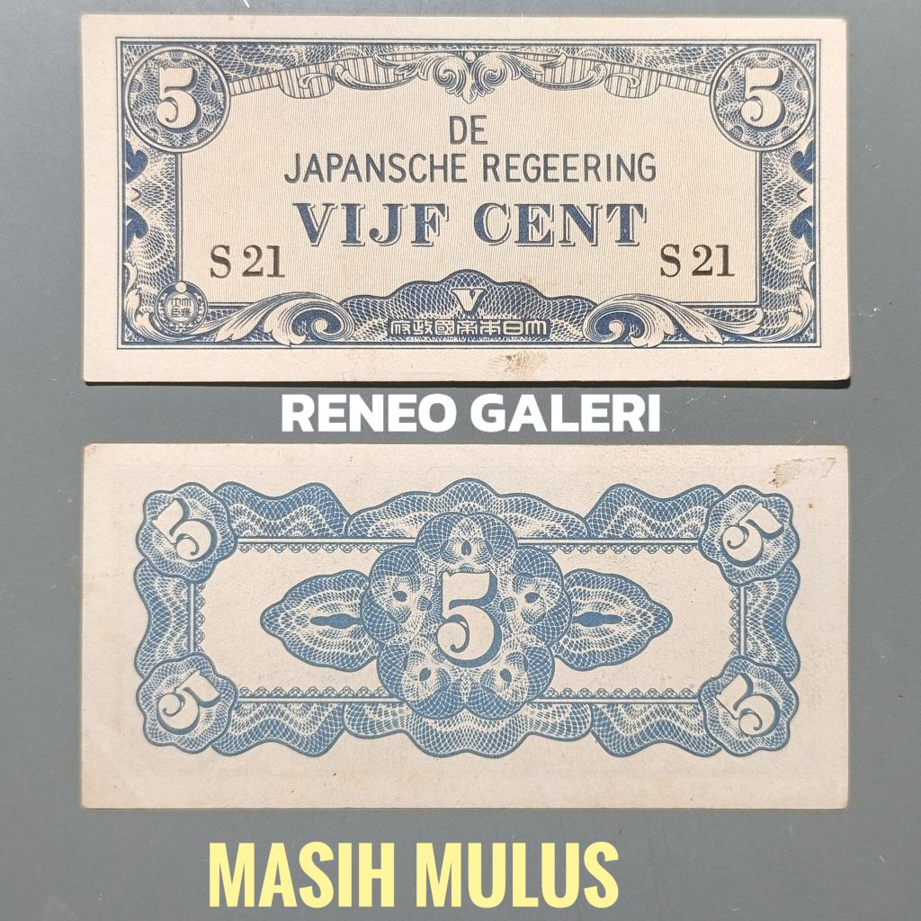 Mulus asli 5 Cent Vijh Sen Seri DJR Tahun 1942 Uang kertas kuno duit jadul lawas lama original antik