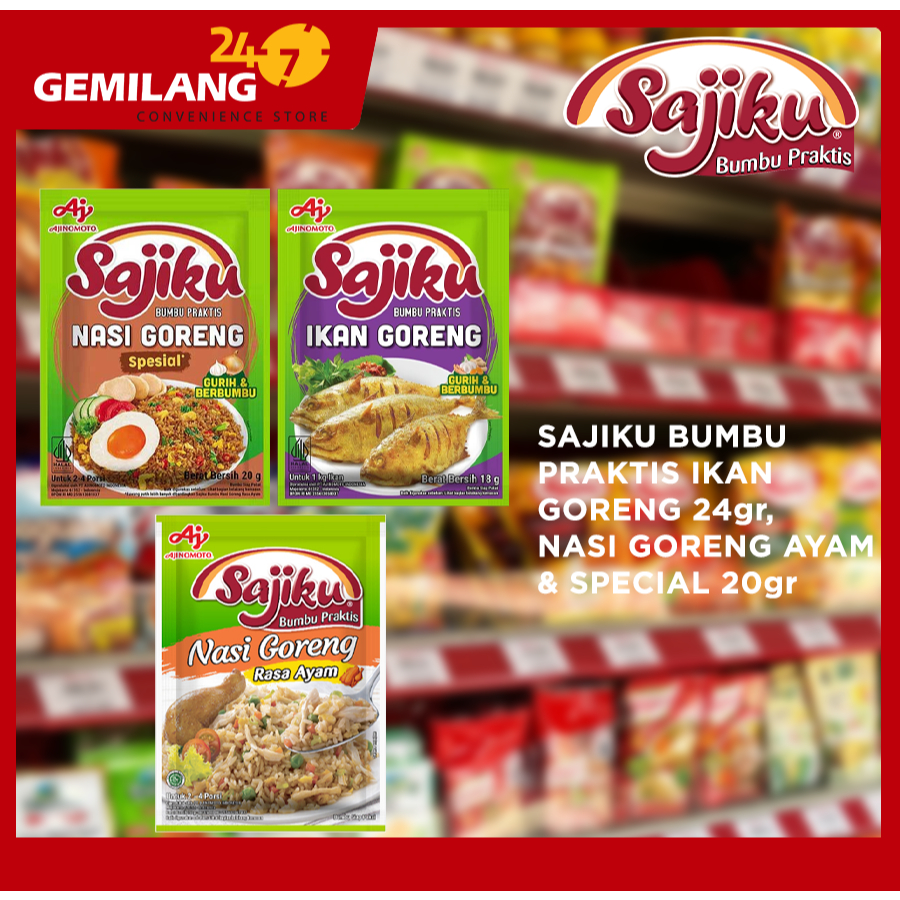 

SAJIKU BUMBU PRAKTIS IKAN GORENG 24gr, NASI GORENG AYAM & SPECIAL 20gr