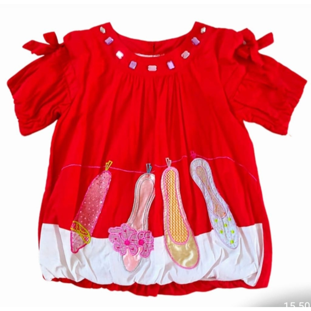 Atasan anak perempuan preloved merah putih tangan balon utk umur 12-13 thn