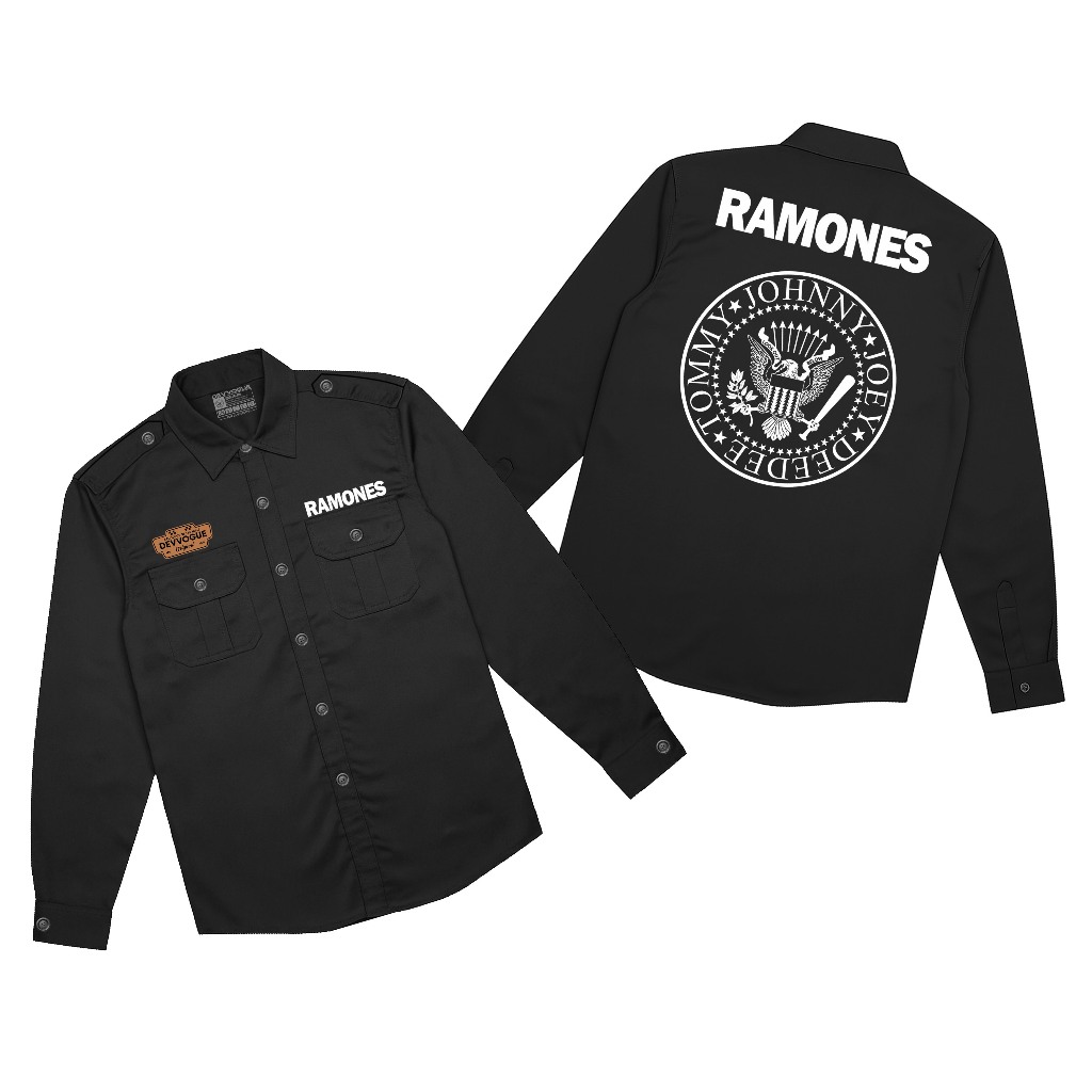 Devvogue Workshirt Pria Ramones Logo Pdh Lengan Panjang Bahan American Drill