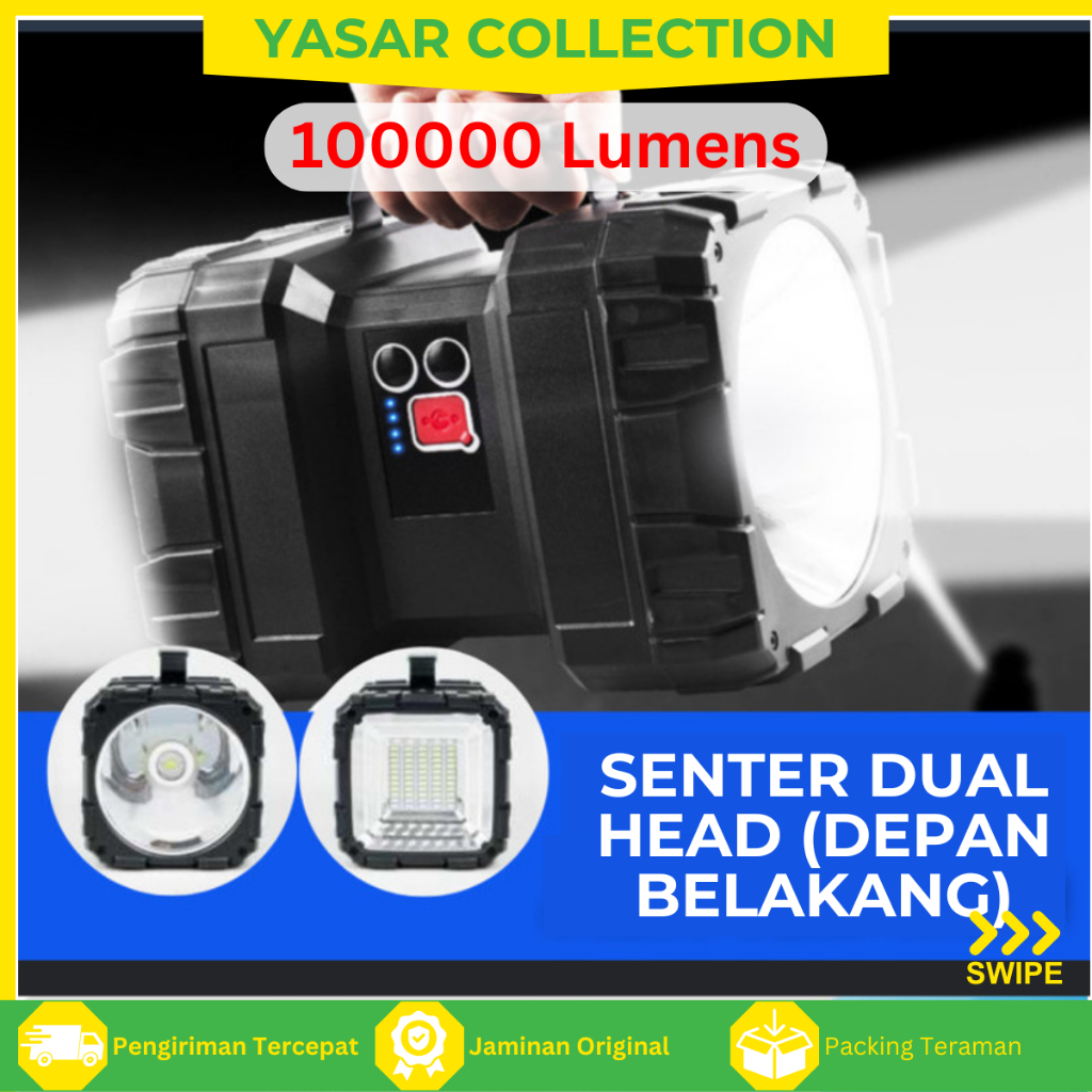 Senter Besar Super Terang Sorot Jarak Jauh LED Cas Anti Air Power Bank