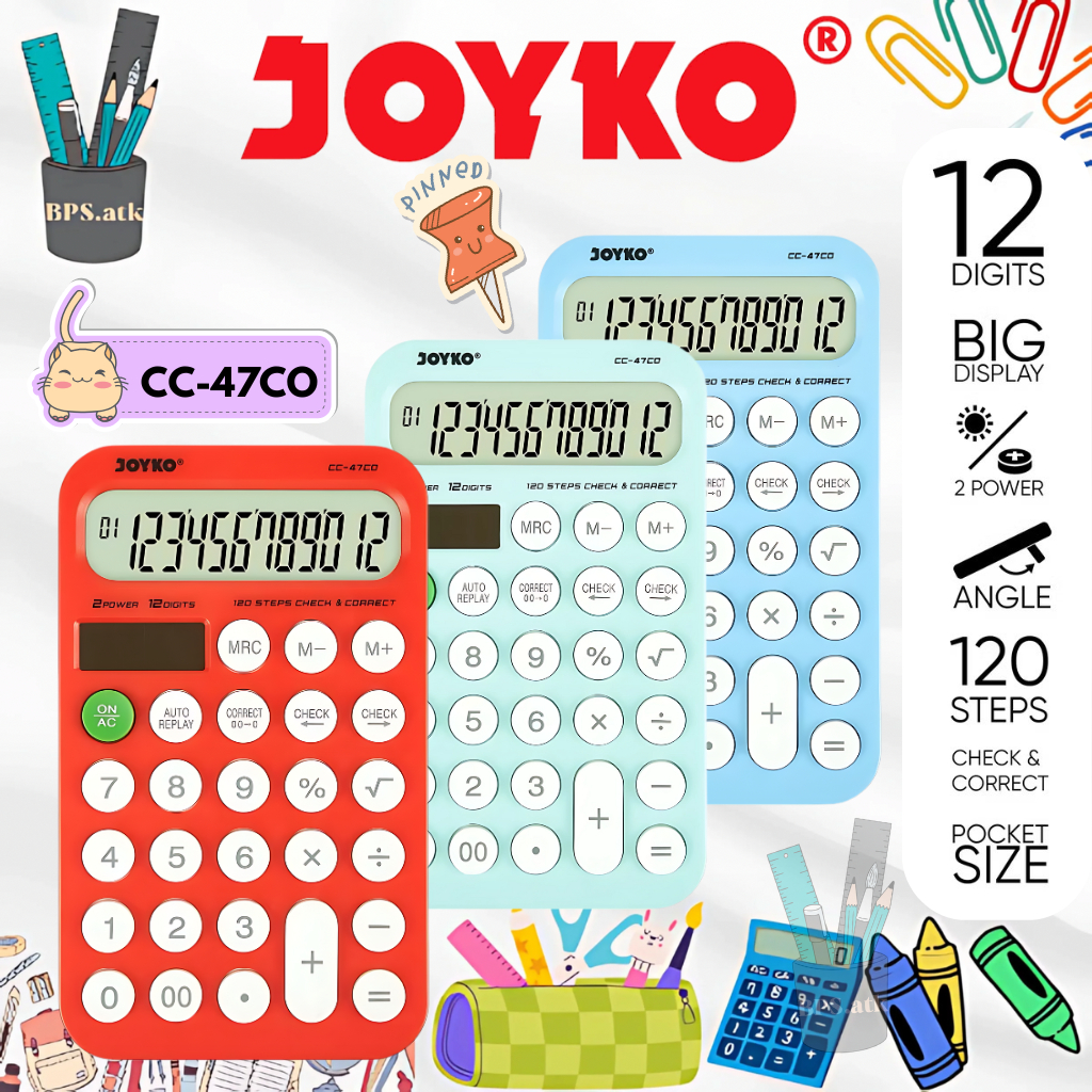 

JOYKO Calculator / Kalkulator CC-47CO 12 Digits Check Correct Kalkulator Warna Kalkulator Sekolah / Kantor