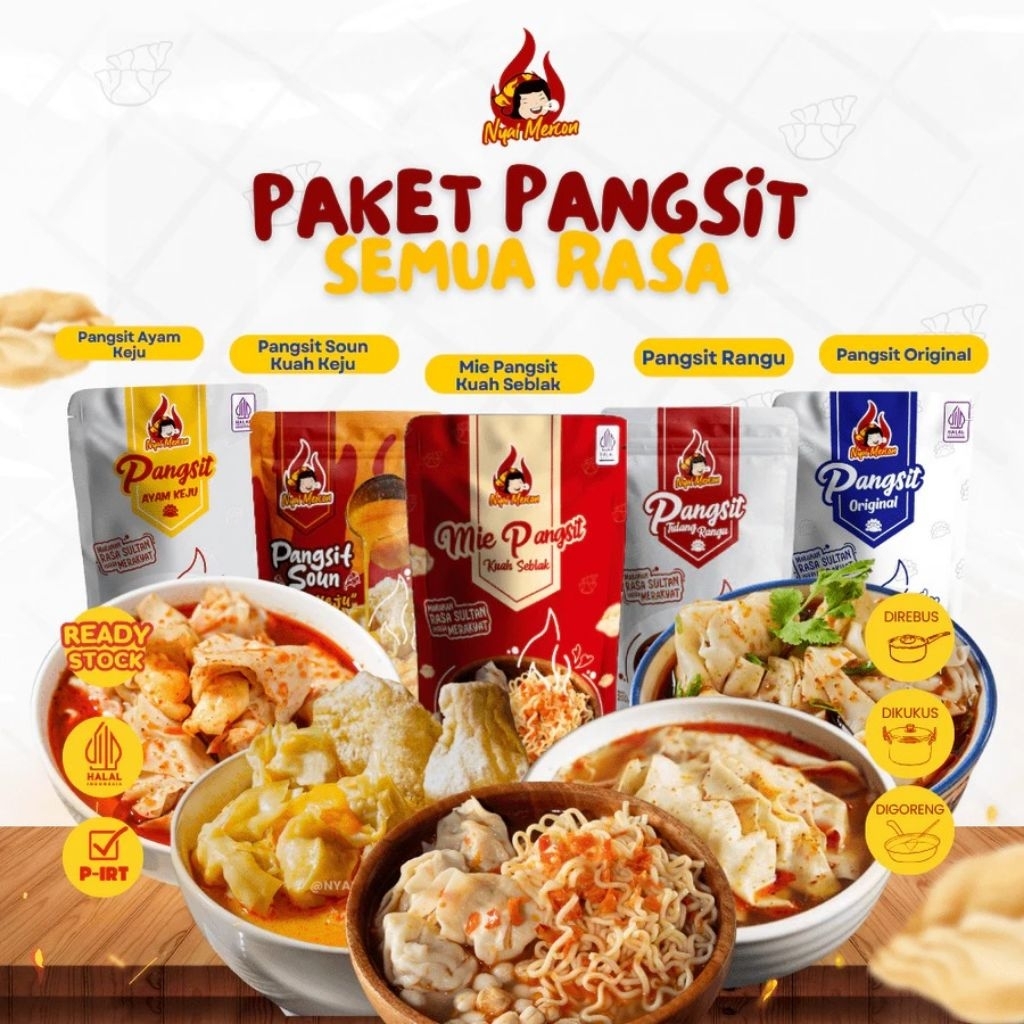 

Nyai Mercon~ PAKET HEMAT PANGSIT SEMUA RASA (Pangsit Ayam Keju, Pangsit Soun, Mie Pangsit Kuah Seblak, Pangsit Rangu & Pangsit Original)