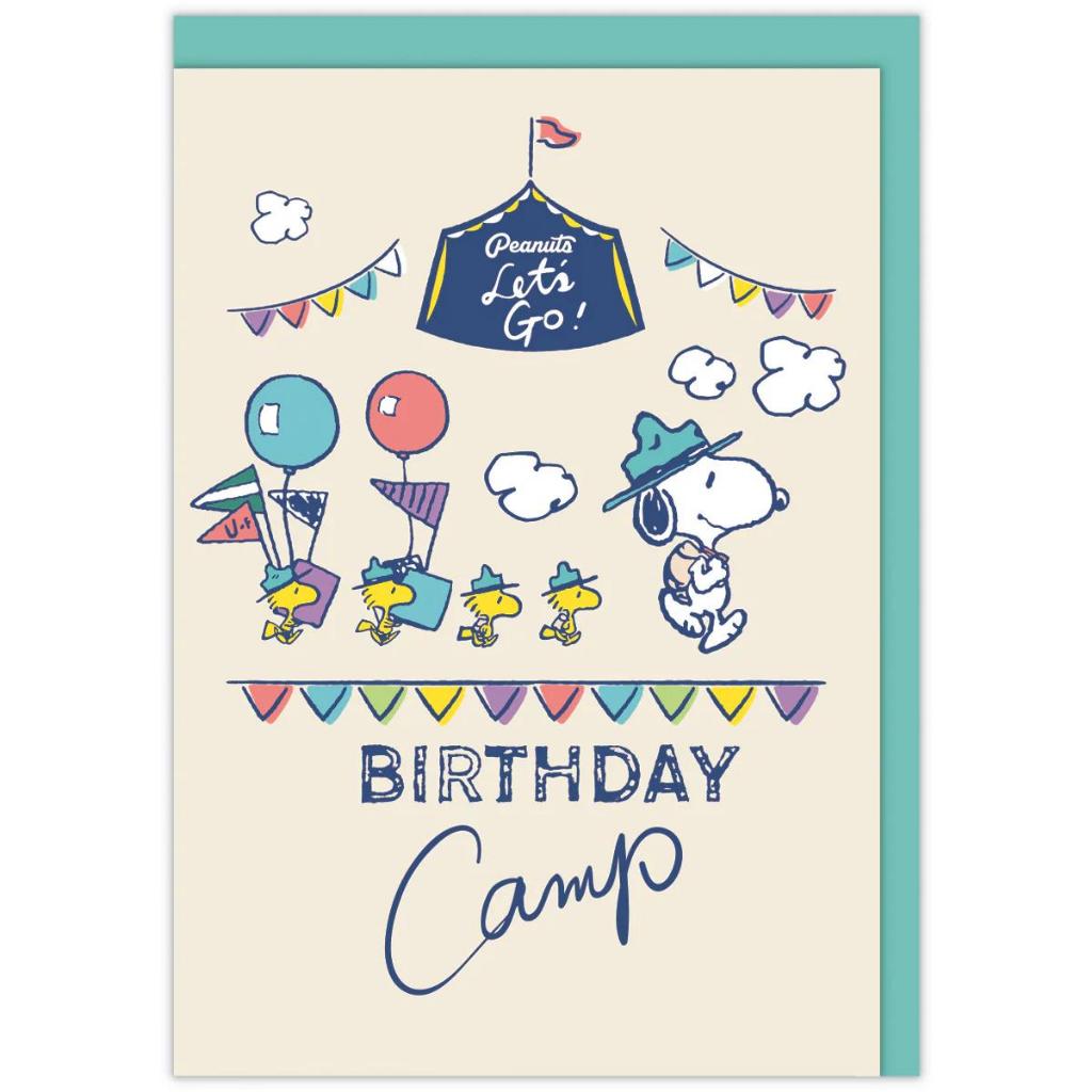 GREETING CARD- HALLMARK- SNOOPY- BIRTHDAY CAMP-3D POP-UP CARD- JP