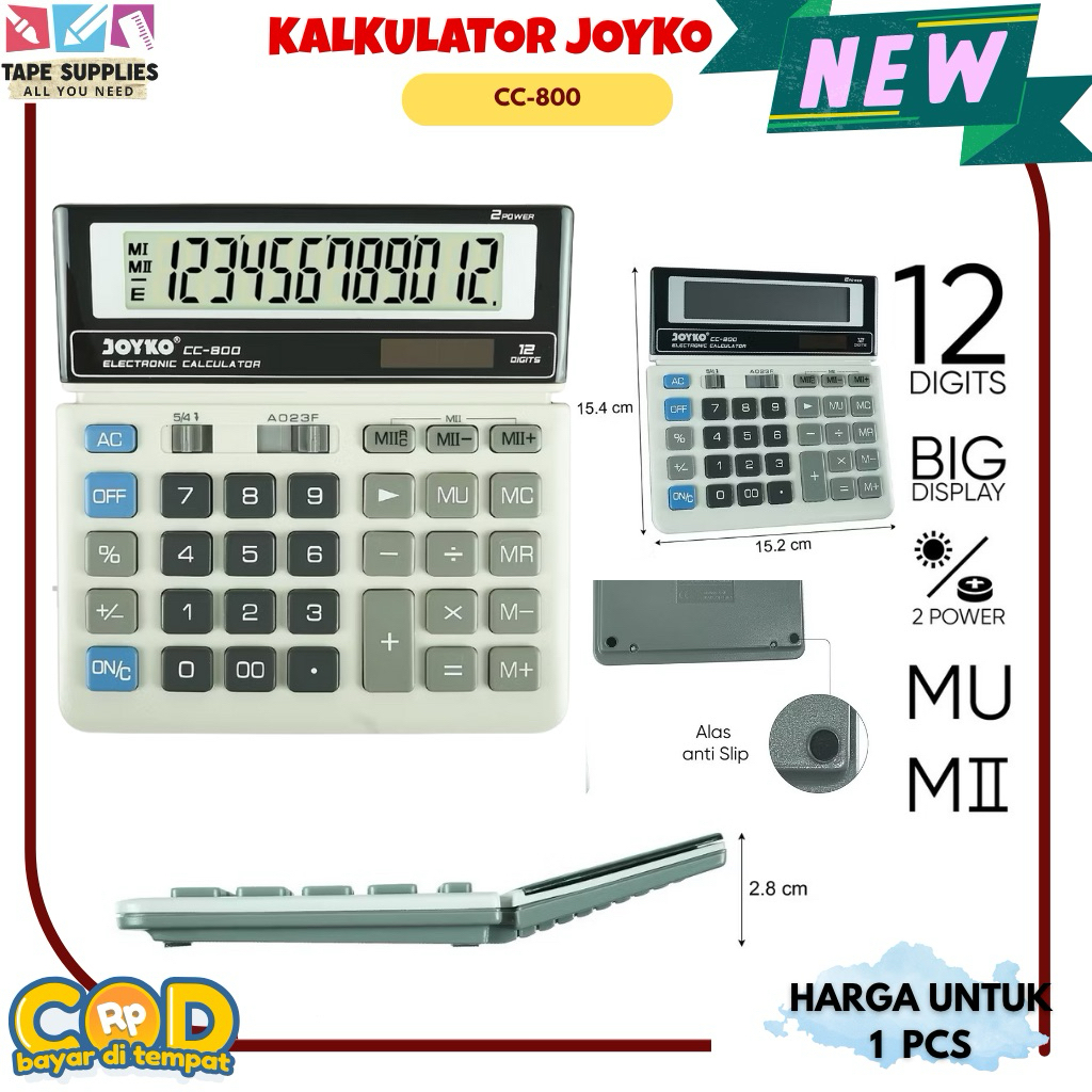 

Kalkulator Joyko CC‑800 12 Digit Dual Power Big Display Mark Up – 2nd Memory