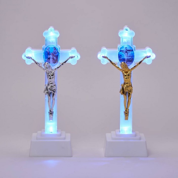 Yeraya Salib Duduk Lampu LED Biru Gambar Rohani Putih 23cm Salib berlambu salib led salib lampu sali