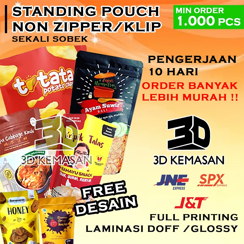 Cetak 1.000 Pcs - Kemasan Standing Pouch Custom Non Ziplock Sekali Sobek Printing Plastik Makanan