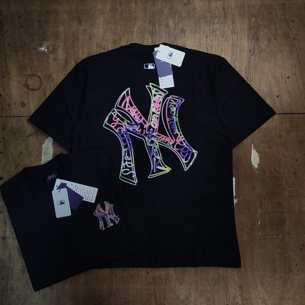 KAOS OVERSIZE MLB LIKE NEW YORK YANKEES PAINTING ABSTRACK MULTICOLLOUR LOGO NY PRINTED BLACK TEES BE