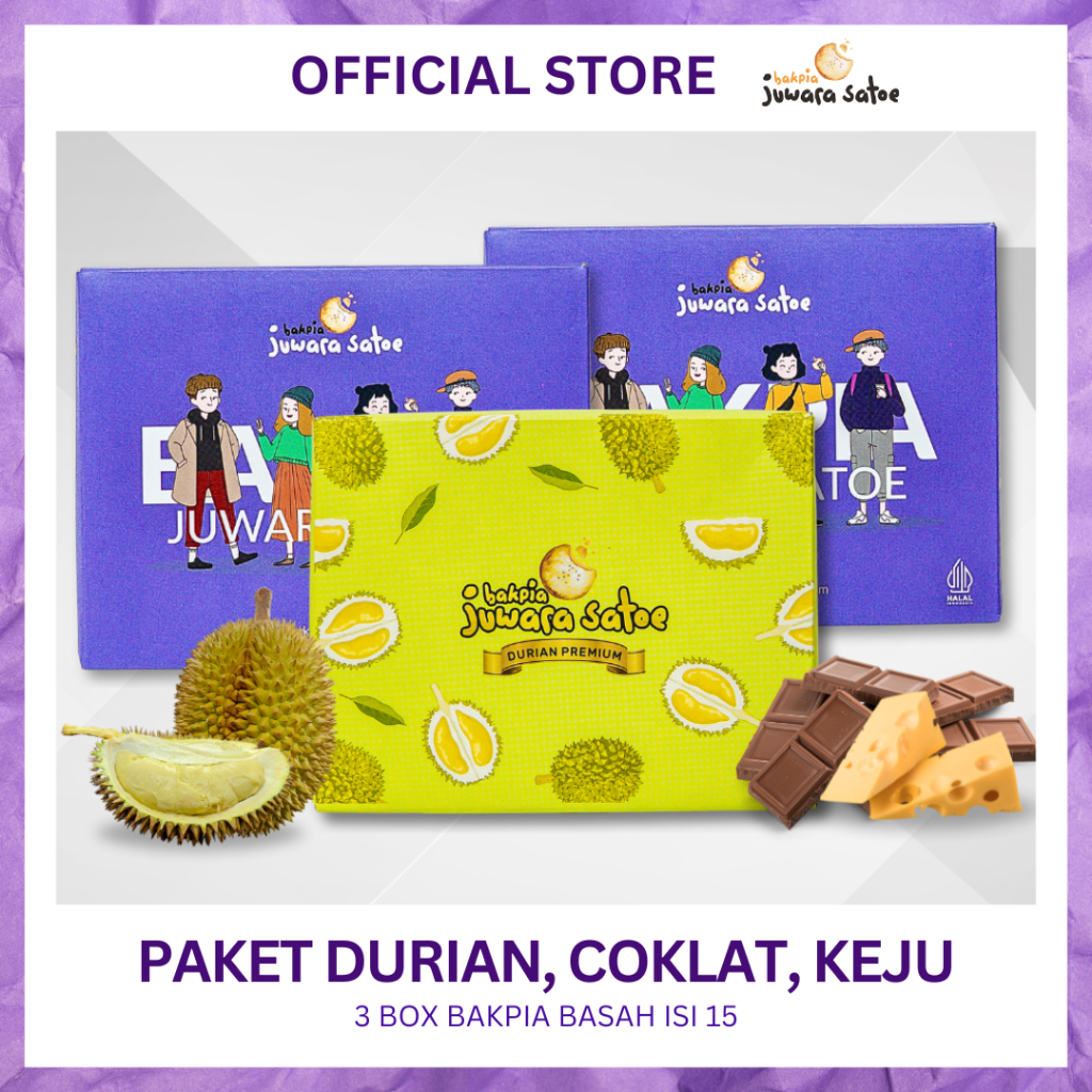 

BAKPIA JUWARA SATOE [ 3 Box ] Paket Mix Combo Bakpia Basah (Durian, Coklat, Keju) - Khas Jogja
