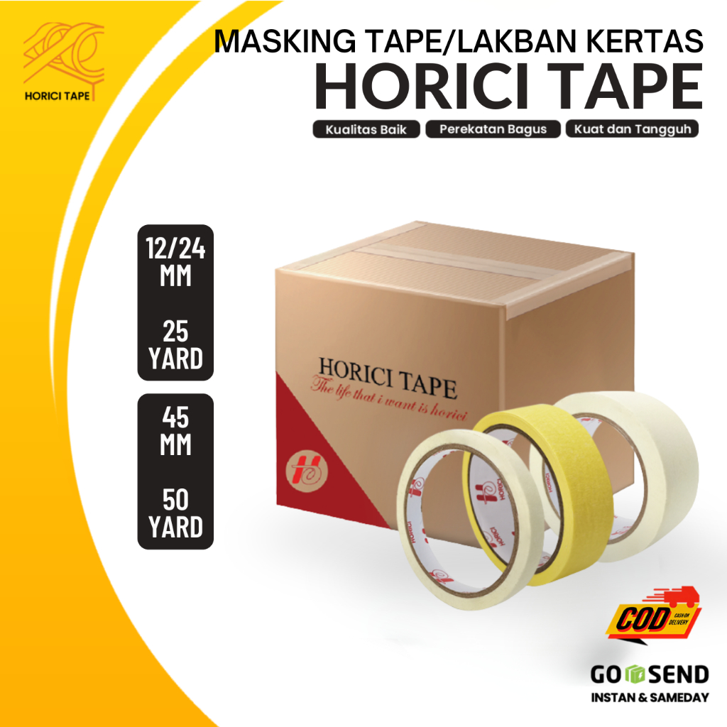 

HORICI 1 DUS MASKING TAPE JUMBO PUTIH KUNING 12/24MM X 25 Y 45MM 50 Y LAKBAN KERTAS ISOLASI KERTAS