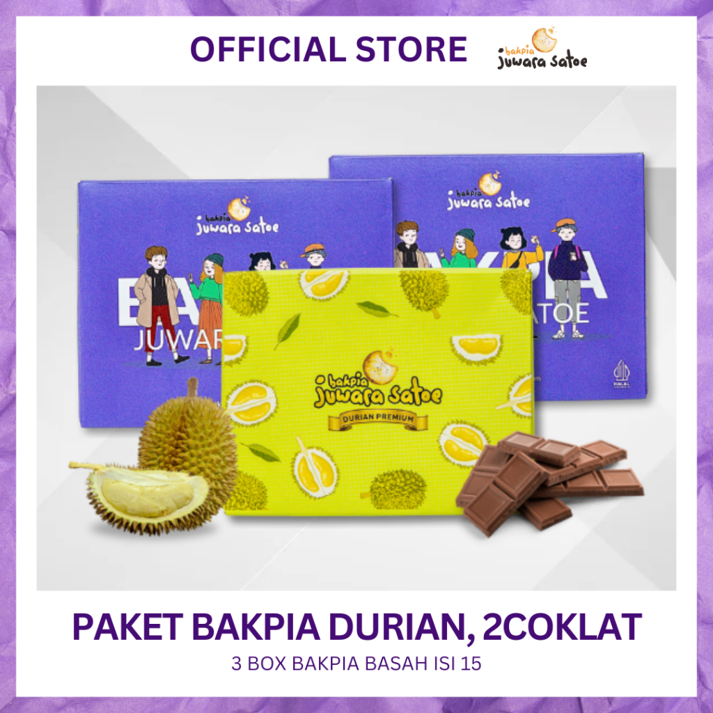 

BAKPIA JUWARA SATOE [ 3 Box ] Paket Combo Double Coklat dan Durian Bakpia Basah (2Coklat, Durian) - Khas Jogja