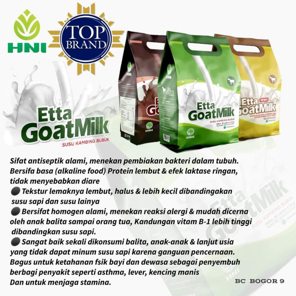 

Etta Goat Milk|Top Brand Award|Susu kambing HNI original|Aren|Cokelat isi 10 bungkus