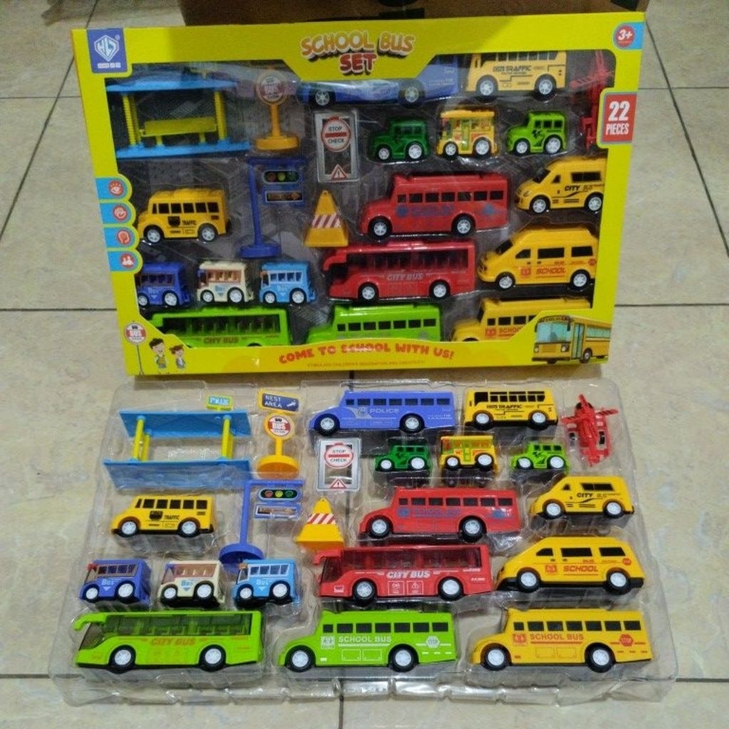 oketoys mainan mobil school bus set DIY parking series toys