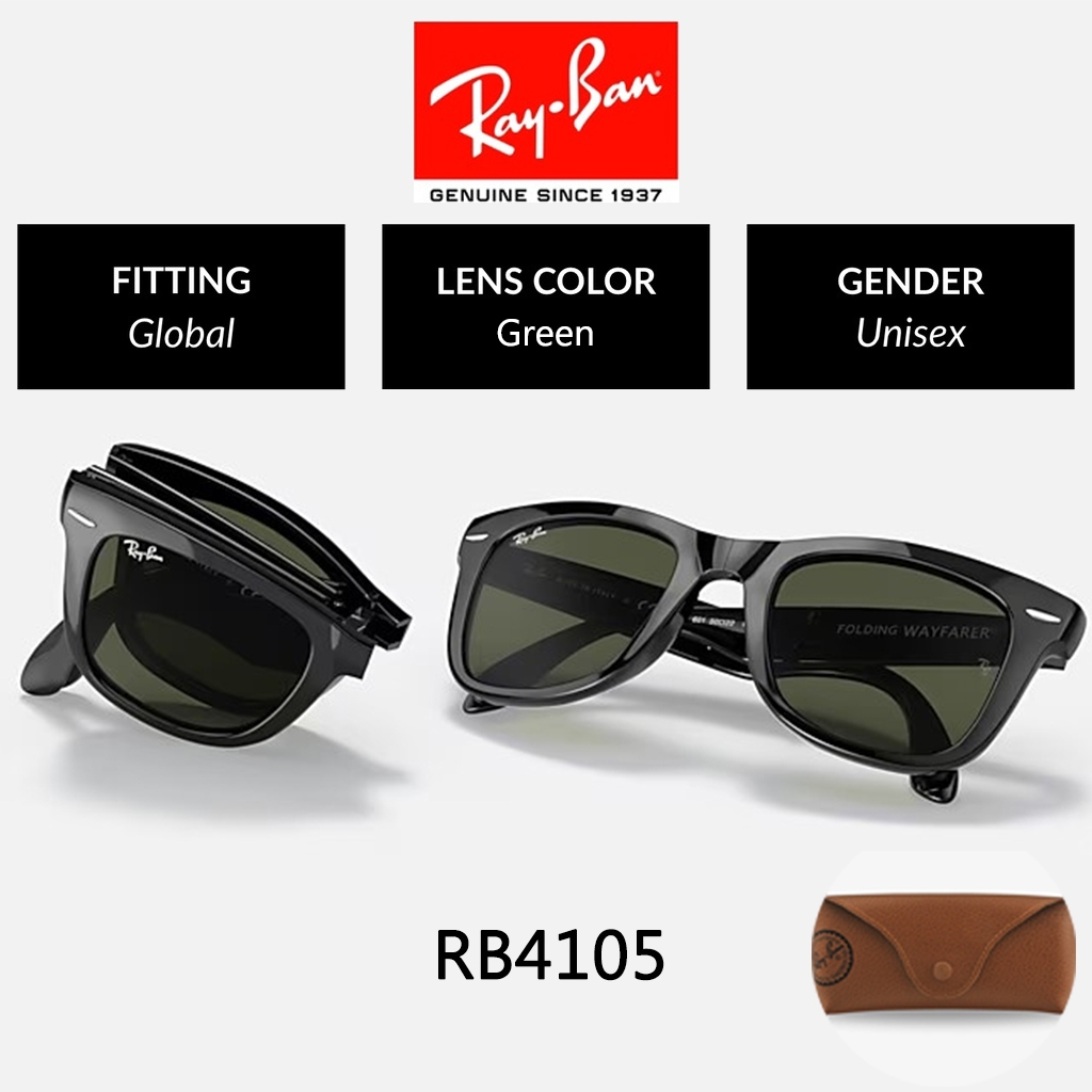 Kacamata Hitam Ray-Ban Wayfarer Folding Classic RB4105 Black Green Lensa Kaca Unisex Sunglasses