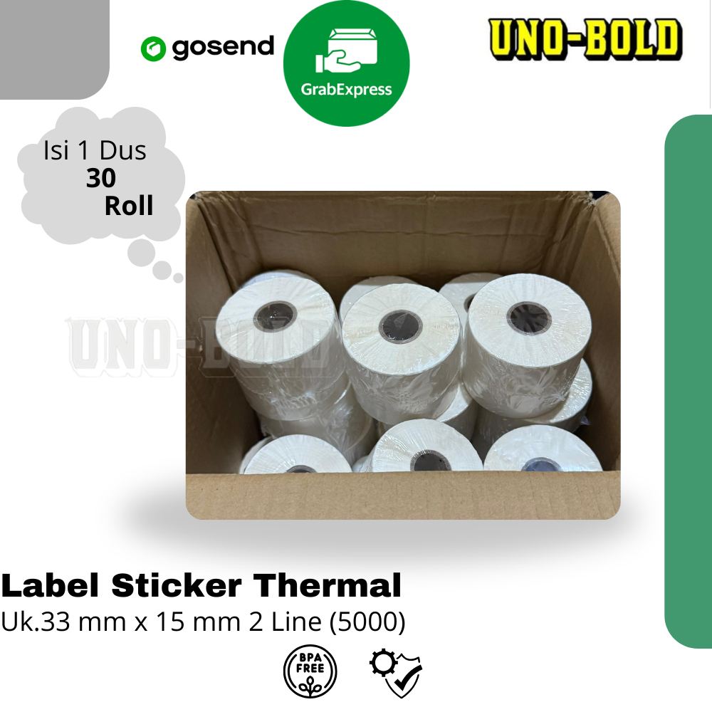 

LABEL STICKER THERMAL ROLL 2 LINE 33X15 5000PCS, (1 Dus 30 Roll ) LABEL STICKER, THERMAL STICKER