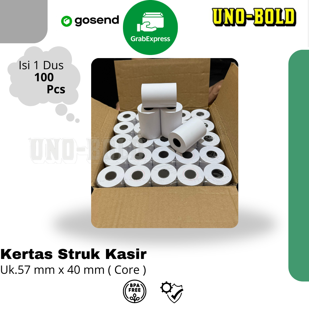 

KERTAS STRUK THERMAL PAPER ROLL 57x40 CORE (1 Dus isi 100 Roll )TERMAL EDC THERMAL PRINTER MINI BLUETOOTH 57MM CORE