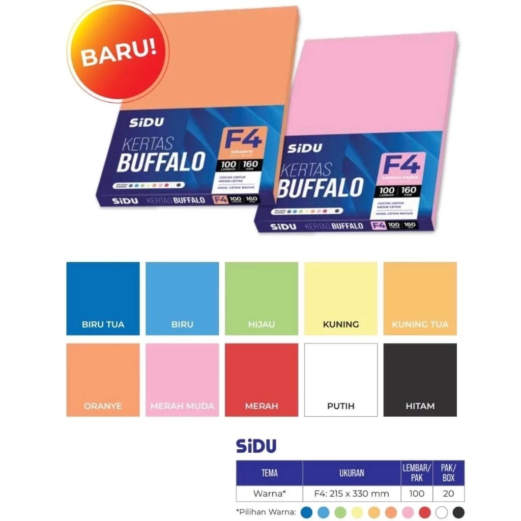 

(1 PAK) Kertas Buffalo / Bufalo / Bufallo Warna POLOS F4 Folio SIDU 160 Gsm (MURAH)