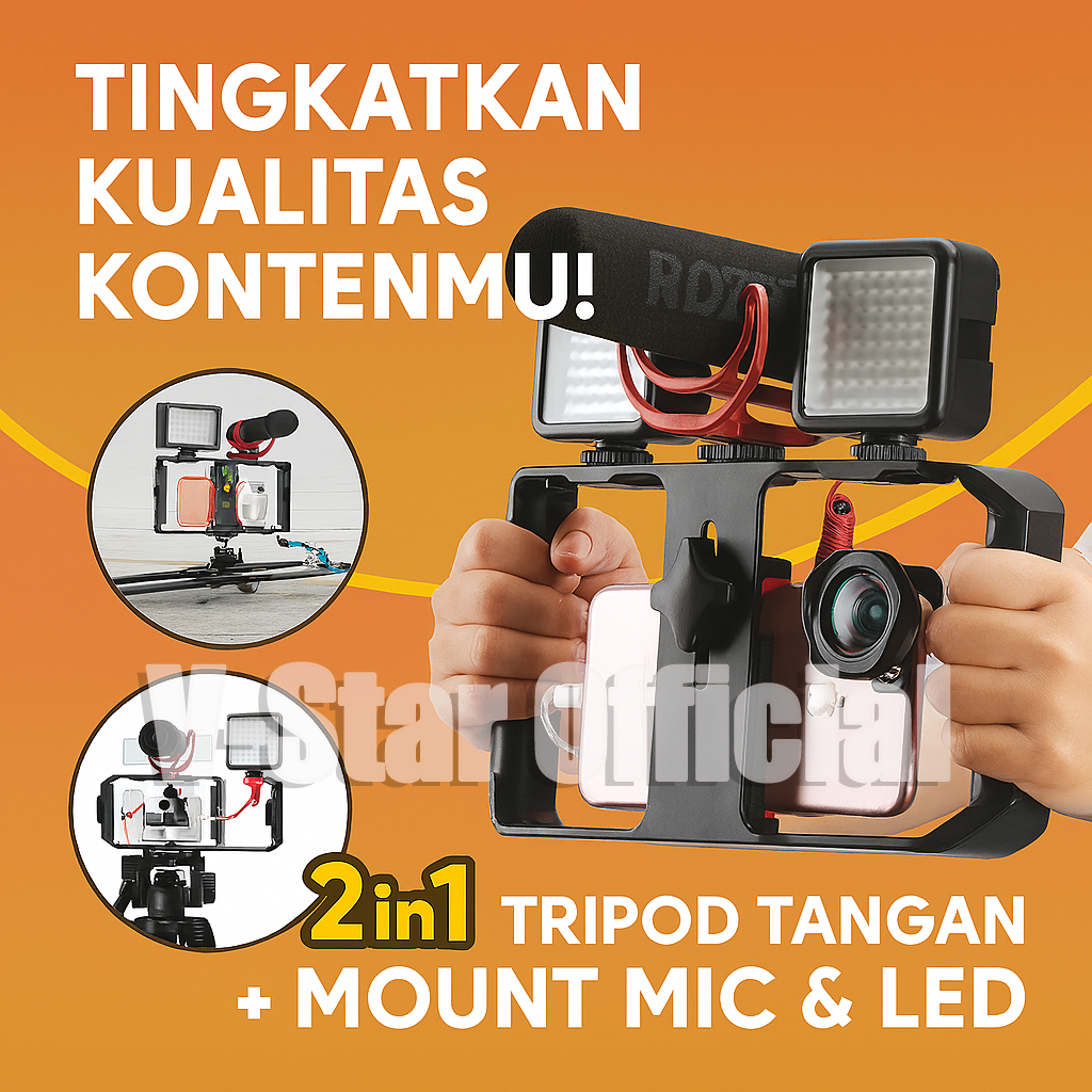 Tripod Tangan HP 2in1 + Mount Mic Lampu Bisa Stand Vlog Content Creator Live Jualan Android iPhone
