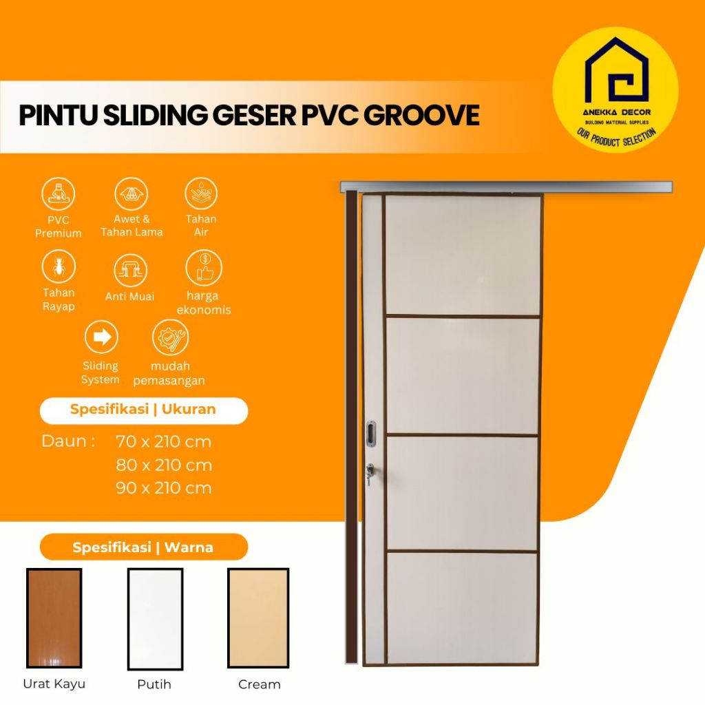 ASP Pintu PVC Sliding Type Groove ornamen ukuran 80 x 210 cm  | Pintu Kamar mandi / kamar tidur