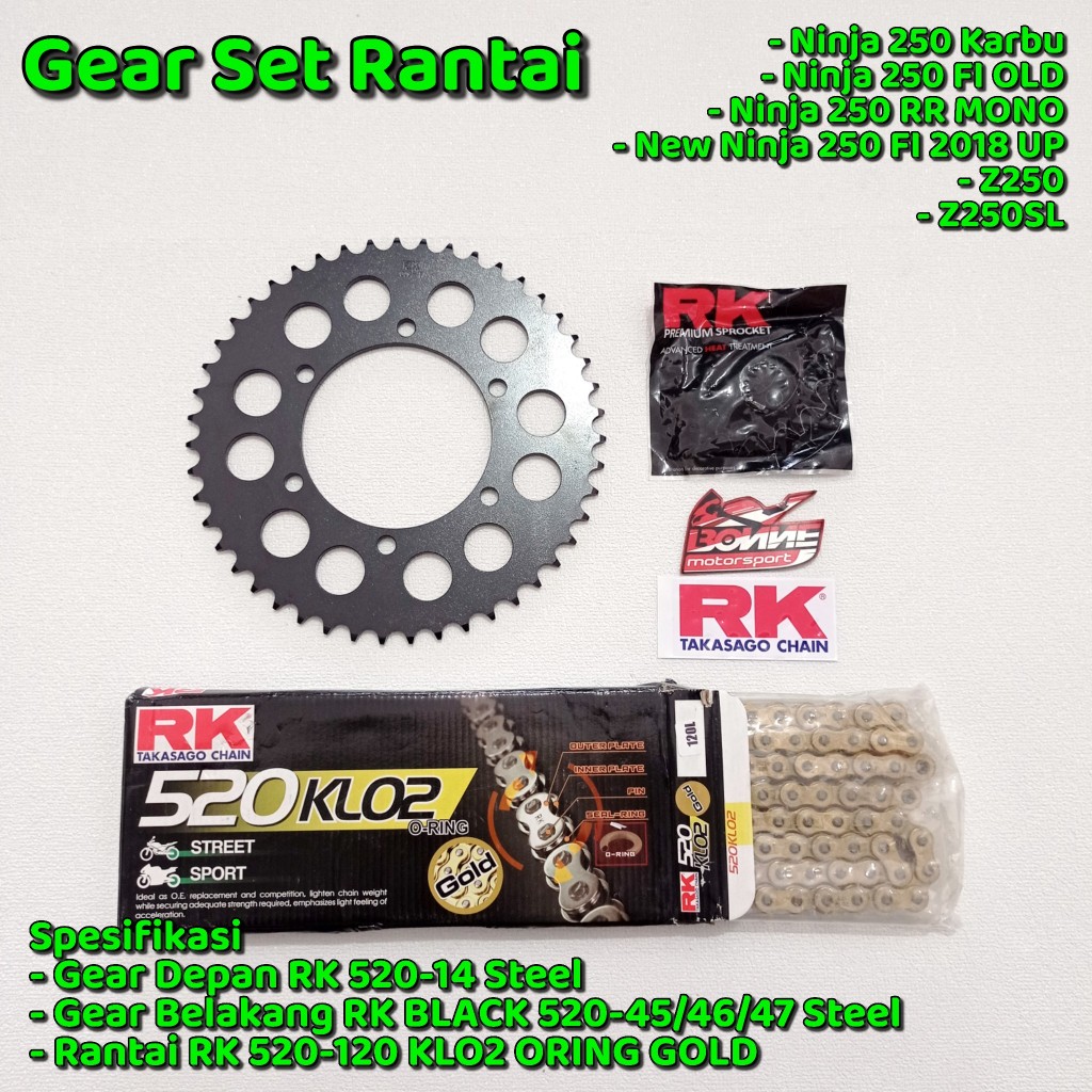Gear Set Rantai RK Ninja 250 Karbu, Ninja 250 FI OLD, New Ninja 250 FI 2018 UP, Ninja 250 RR Mono, Z