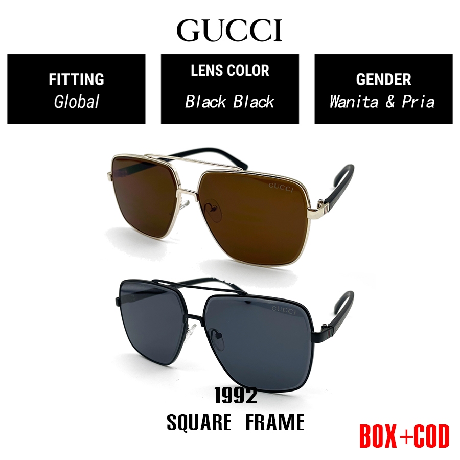【100% Original】Kacamata Hitam Fashion Gucci 1992 SQUARE FRAME woman Black Wanita pria Sunglasses UV4