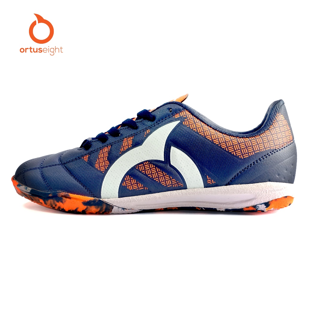 ORTUS EIGHT SEPATU FUTSAL JOGOSALA RAMPAGE V2 MODEL CRUSHER WARNA NAVY ORANGE BBS PROMO TERLARIS