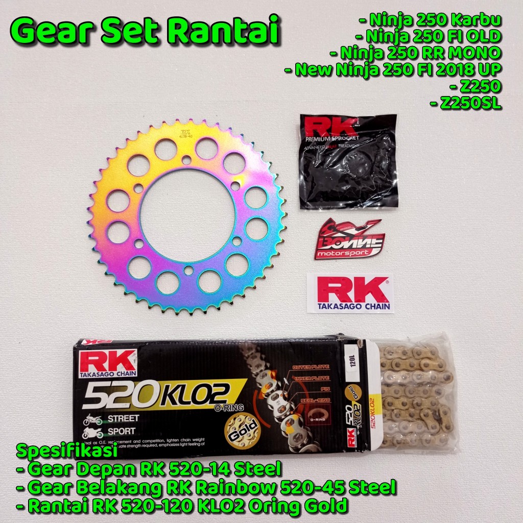 GEAR SET RANTAI RK ORING GEAR RAINBOW 520-14/45/120L NINJA 250 KARBU, NINJA 250 FI OLD, NEW NINJA 25
