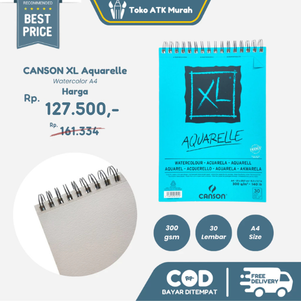 

Canson XL Aquarelle Watercolour 300gsm A4 – Isi 30 Lembar | Buku Kertas Cat Air Tebal
