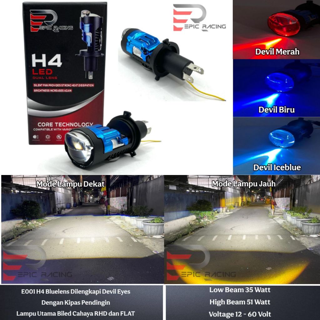 Epicracing E001 H4 Plus Devil Eyes Bluelens Lampu Utama Biled Cahaya RHD / FLAT Dengan Kipas Pending