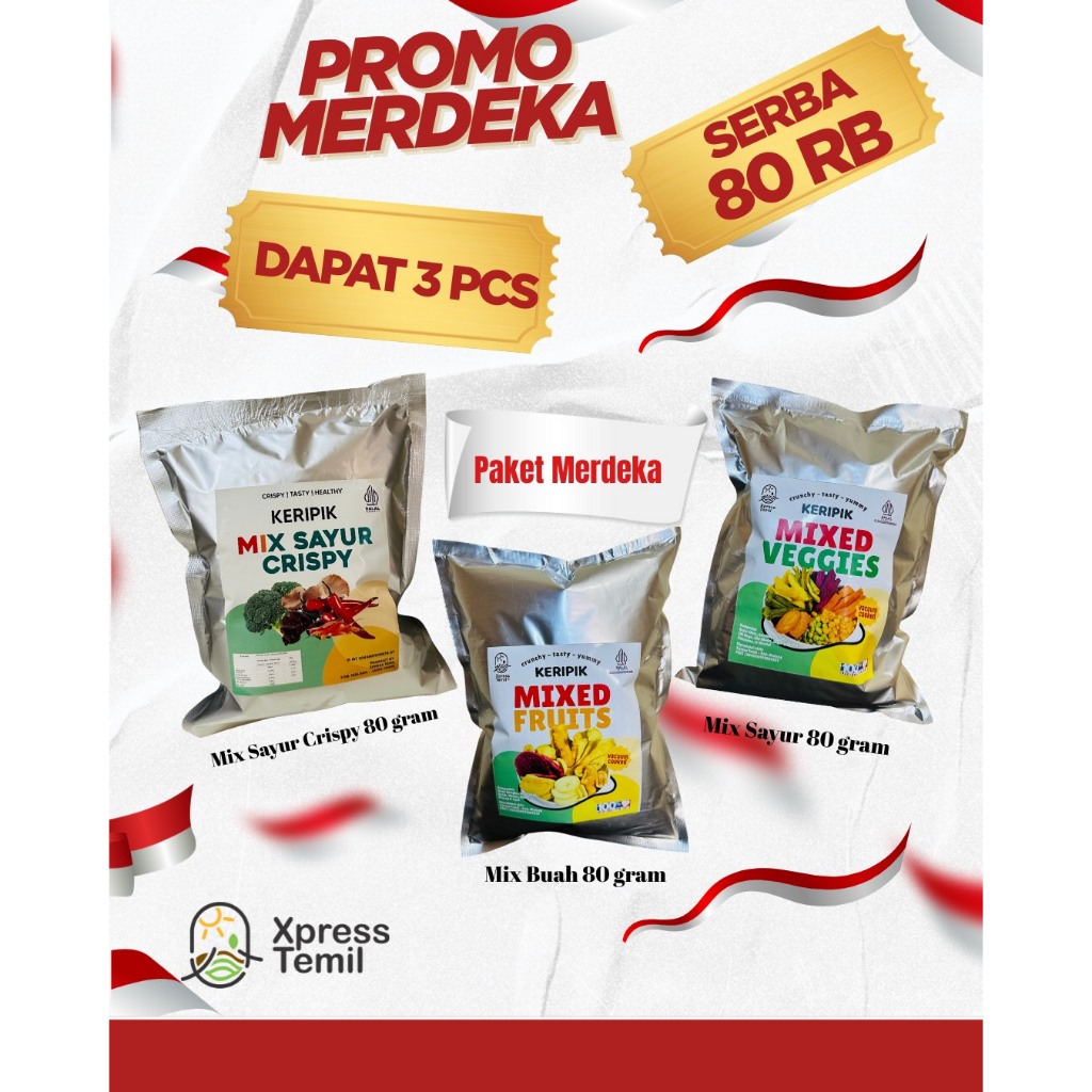 

PROMO SERBA 80 DAPAT 3 KEMASAN KERIPIK SAYUR DAN KERIPIK BUAH EDISI KEMERDEKAAN