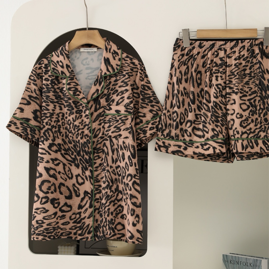 Pajamas Diane Sally Motif Leopard Hitam Coklat Piyama Diane Sally Premium Silk Satin