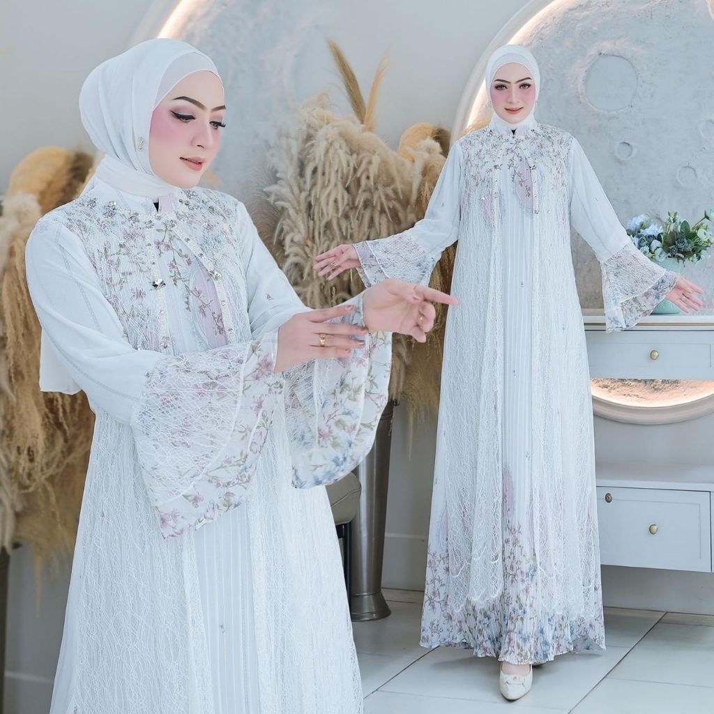gamis ceruty babydoll putih/gamis premium putih/gamis putih tetbaru/gamis putih ceruty premium