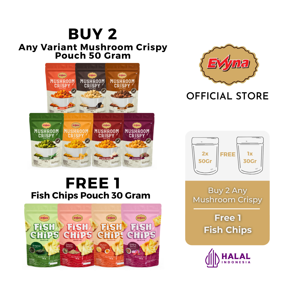 

PROMO MUSHROOM CRISPY POUCH 50 GRAM BUY 2 GET 1 FREE FISH CHIPS 30 GRAM