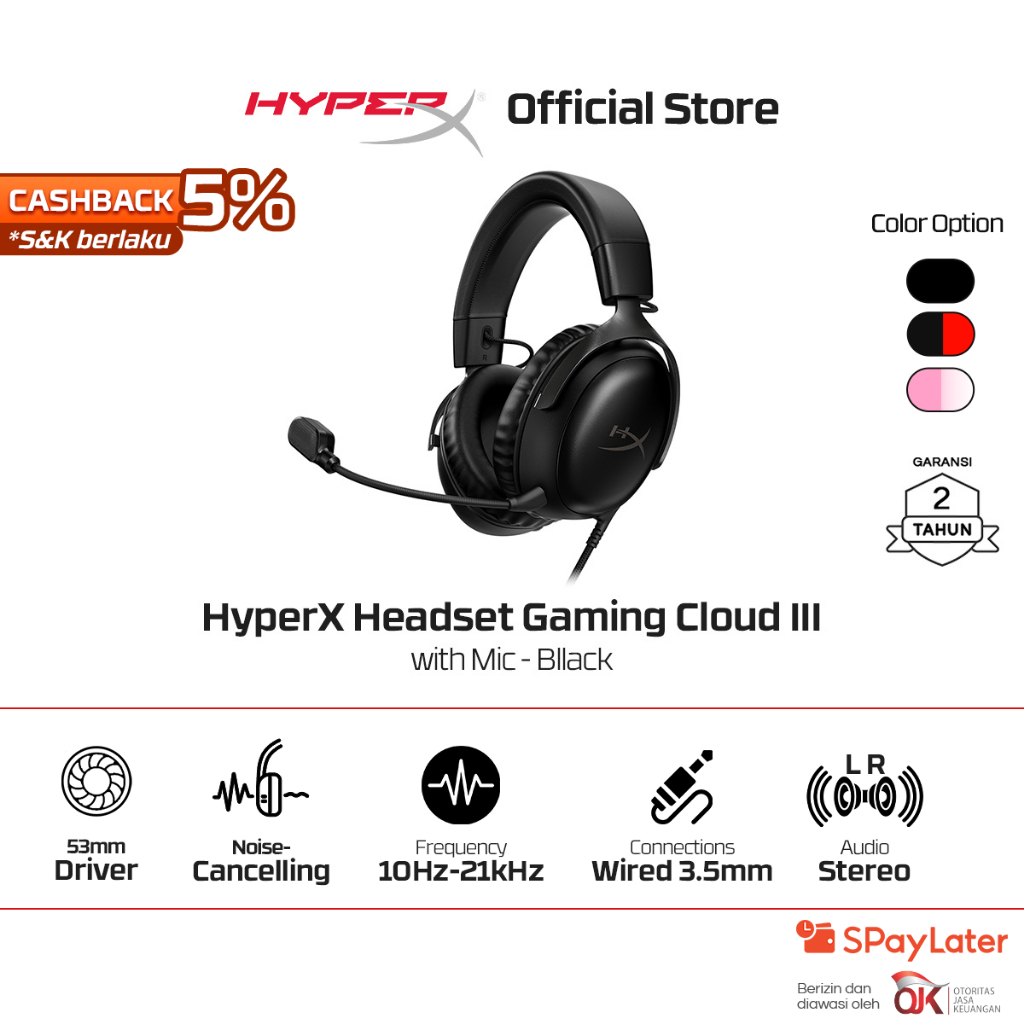 HyperX Headset Gaming Cloud III Wired - Black - Red / Black / White - Pink / White Wired Noise Cance