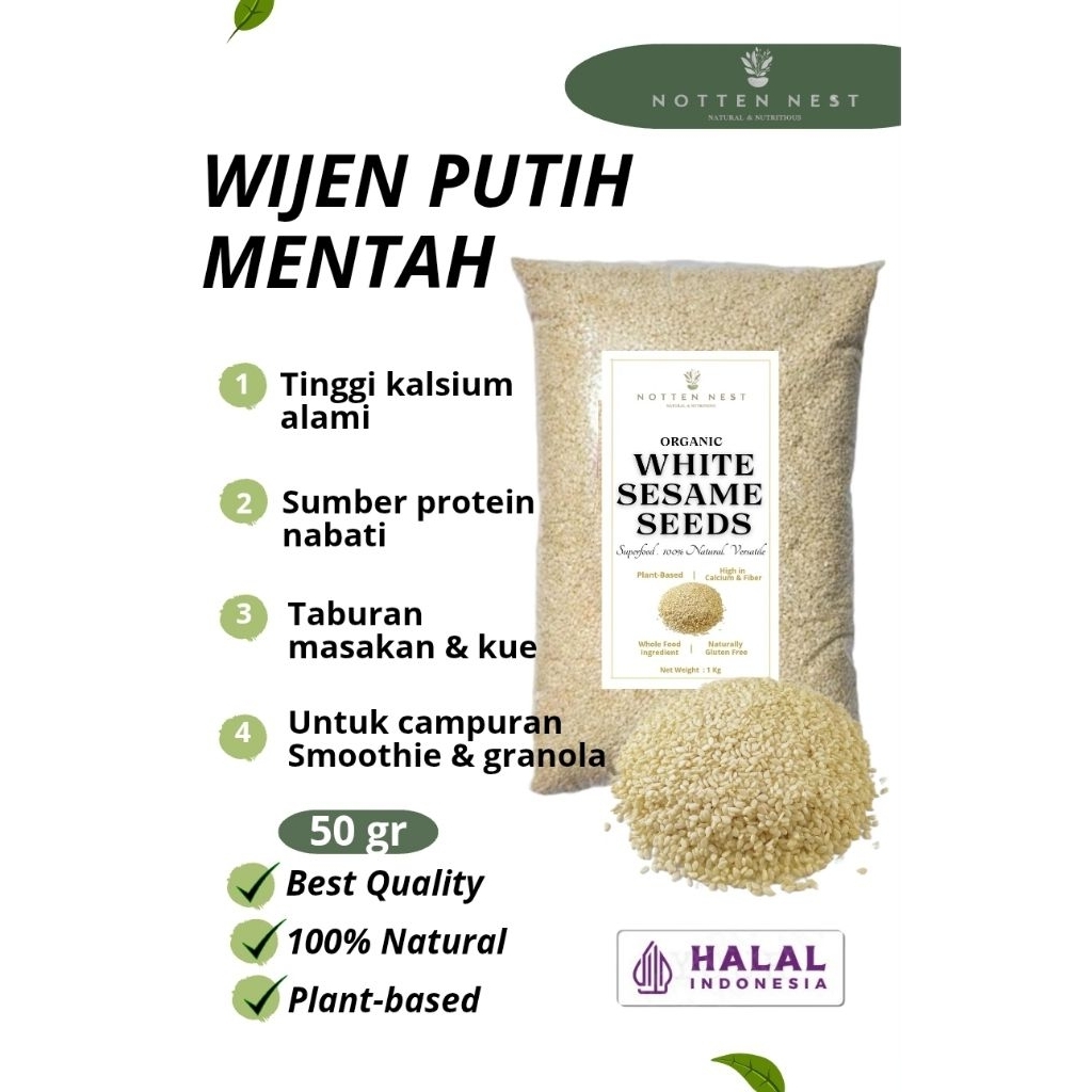 

Wijen Putih Mentah 50gr-Kemasan Mini Praktis-Biji Wijen Kupas Bersih untuk Masakan & Camilan-Nottennest