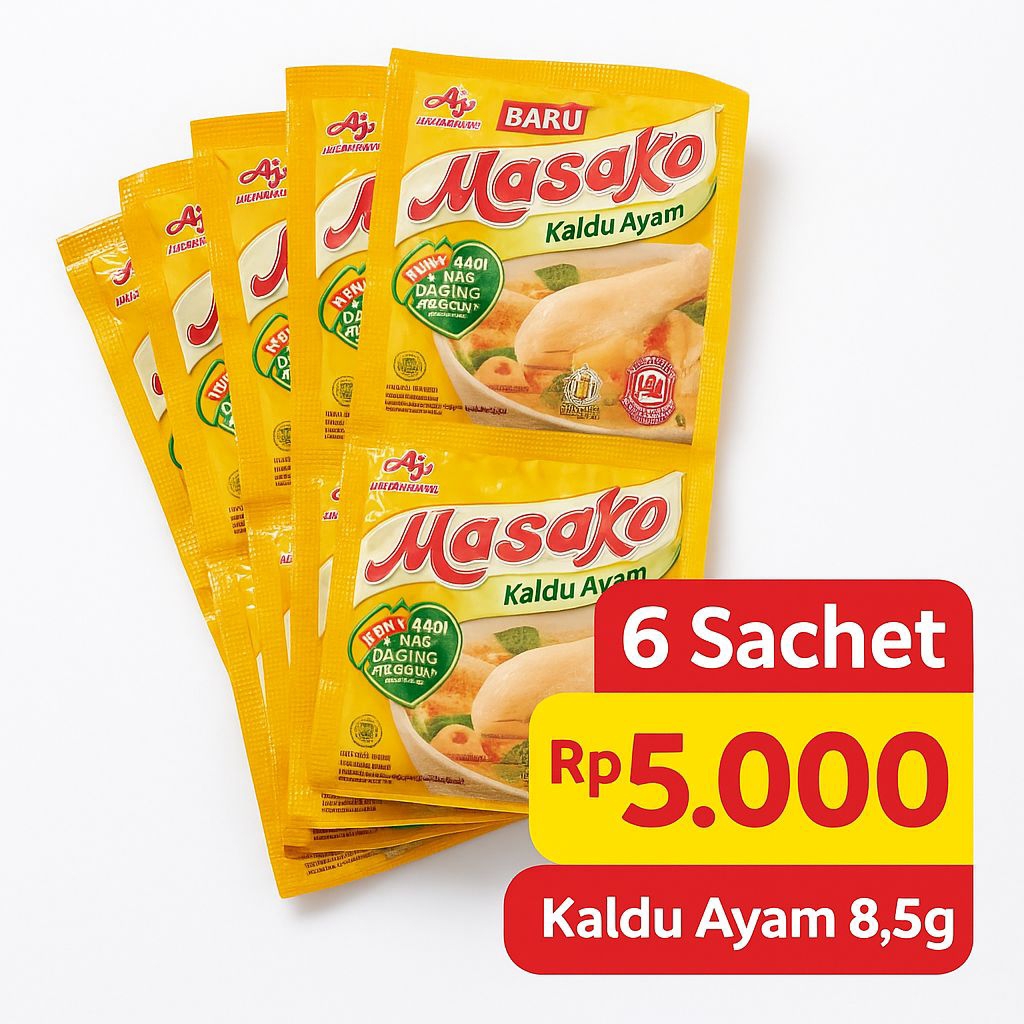 

Masako Kaldu Ayam Daging Pilihan 8,5 g – Paket 6 Sachet