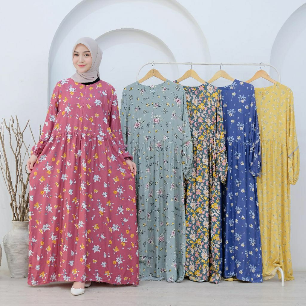 Gamis Rayon Viscose Lengan Balon Tali Busui Friendly Motif Bunga Kekinian || Gamis Shiffa