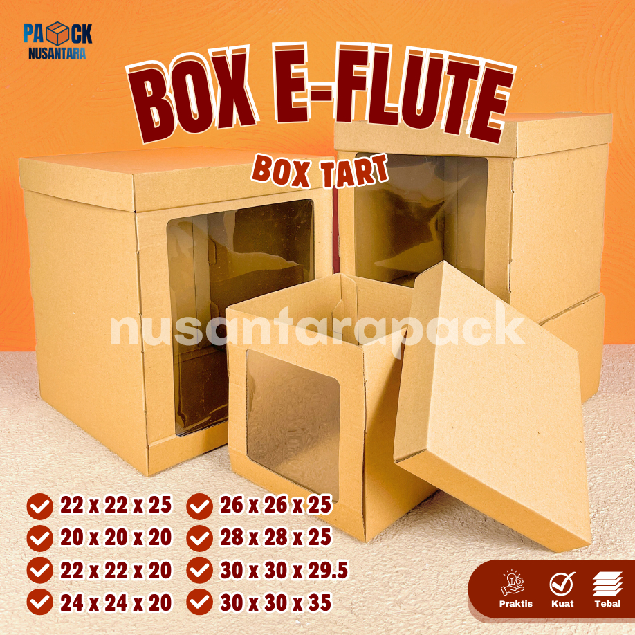 

Box E-Flute Tart Tinggi Jendela Mika Tutup Pisah Kotak Packaging Serbaguna 20 22 24 25 26 28 30 cm