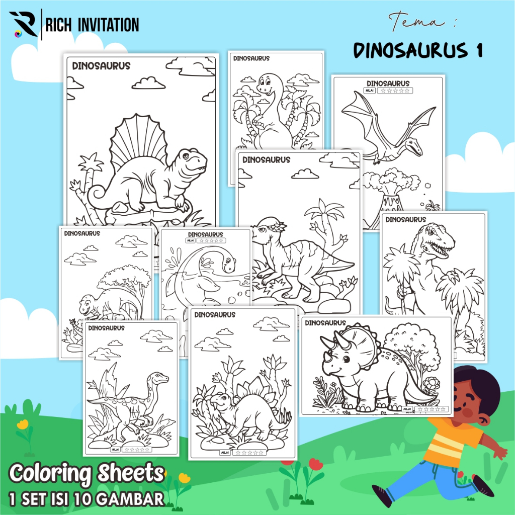 

(A4) KERTAS MEWARNAI ANAK - KERTAS COLORING ANAK PAUD TK - TEMA DINOSAURUS