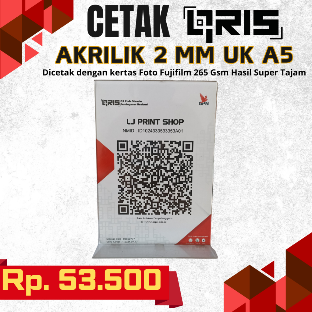 

Cetak Qris Akrilik A5 2 mm | Cetak Qris Merchant A5 Ketebalan Mika 2 mm