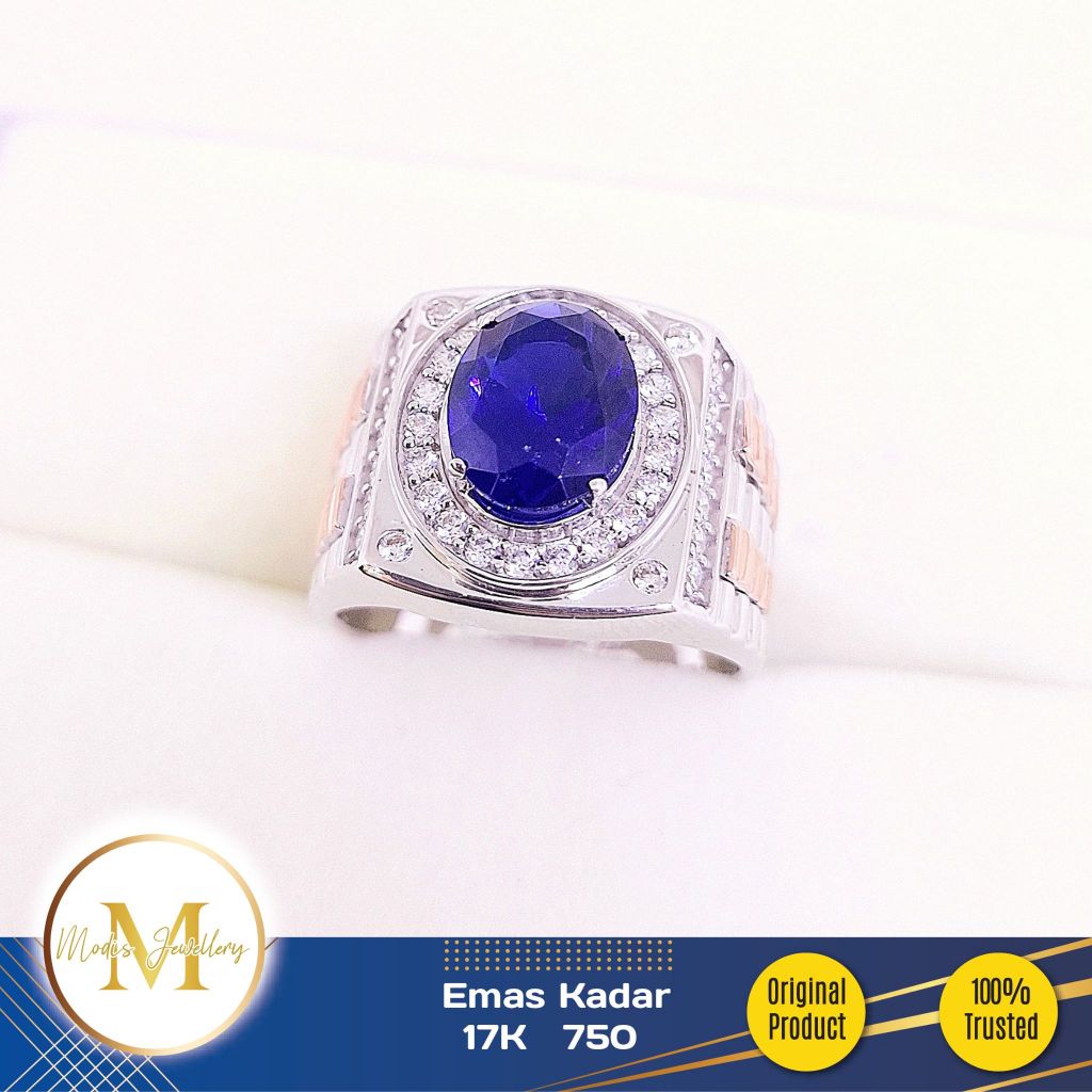 MODIS JEWELLERY - Cincin Pria Batu Biru Oval Putih - Emas 17k 750